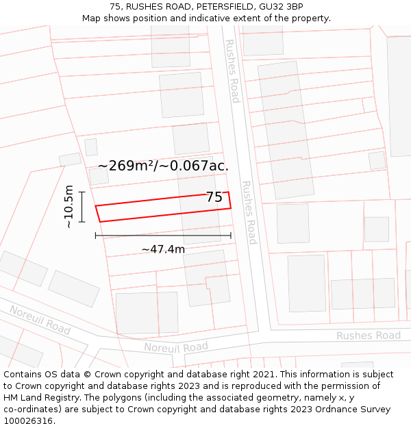 75, RUSHES ROAD, PETERSFIELD, GU32 3BP: Plot and title map