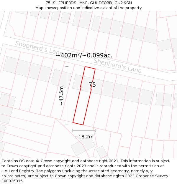 75, SHEPHERDS LANE, GUILDFORD, GU2 9SN: Plot and title map