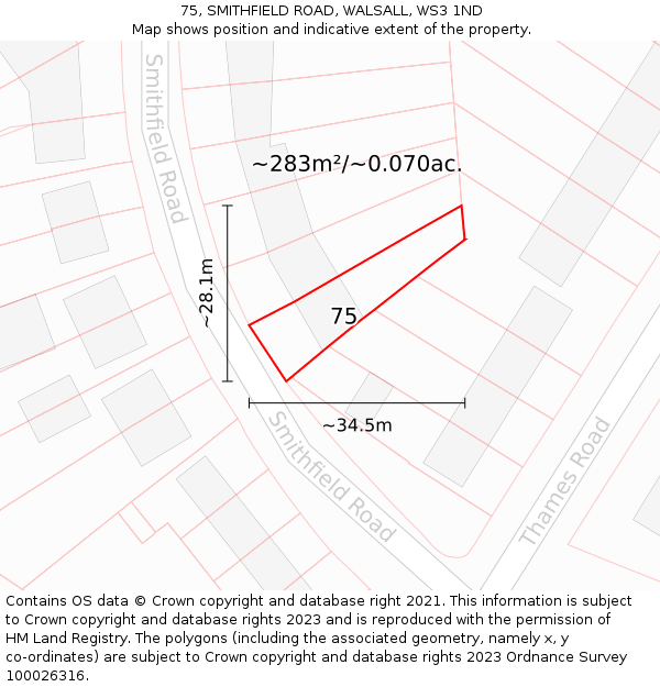 75, SMITHFIELD ROAD, WALSALL, WS3 1ND: Plot and title map