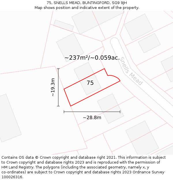 75, SNELLS MEAD, BUNTINGFORD, SG9 9JH: Plot and title map