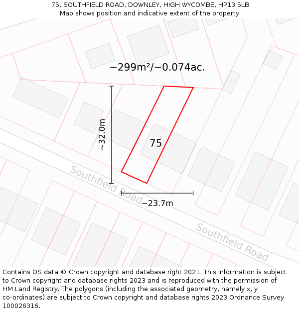 75, SOUTHFIELD ROAD, DOWNLEY, HIGH WYCOMBE, HP13 5LB: Plot and title map