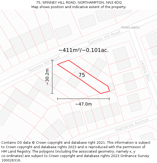 75, SPINNEY HILL ROAD, NORTHAMPTON, NN3 6DQ: Plot and title map