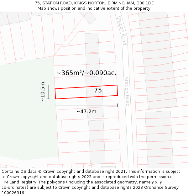 75, STATION ROAD, KINGS NORTON, BIRMINGHAM, B30 1DE: Plot and title map