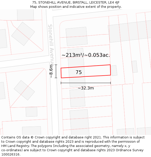 75, STONEHILL AVENUE, BIRSTALL, LEICESTER, LE4 4JF: Plot and title map