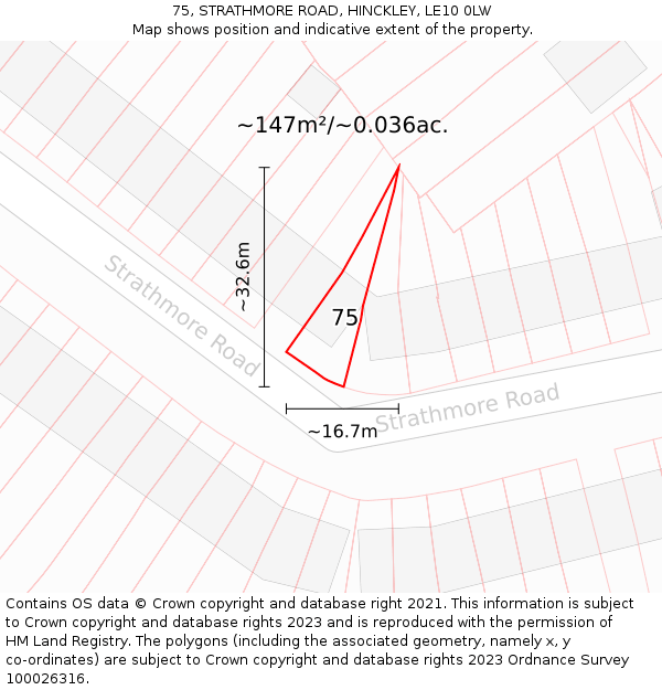 75, STRATHMORE ROAD, HINCKLEY, LE10 0LW: Plot and title map