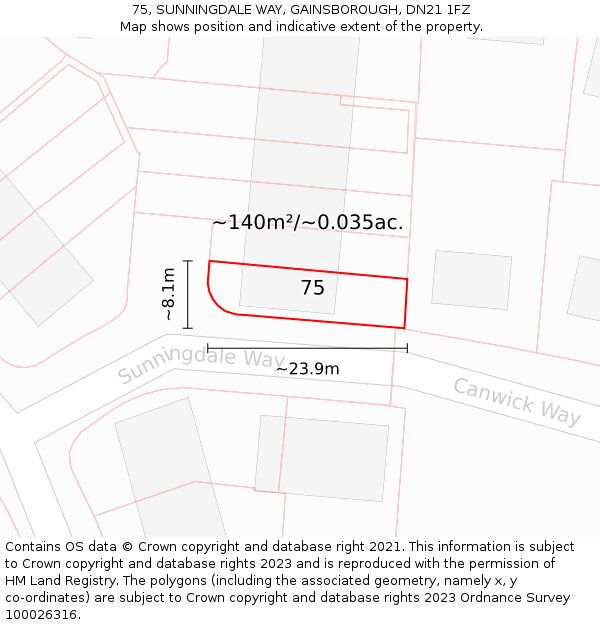 75, SUNNINGDALE WAY, GAINSBOROUGH, DN21 1FZ: Plot and title map