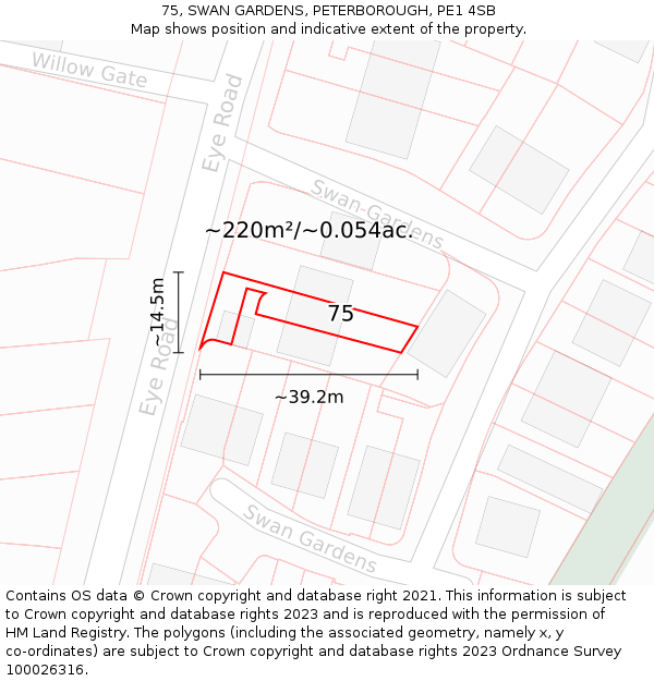 75, SWAN GARDENS, PETERBOROUGH, PE1 4SB: Plot and title map