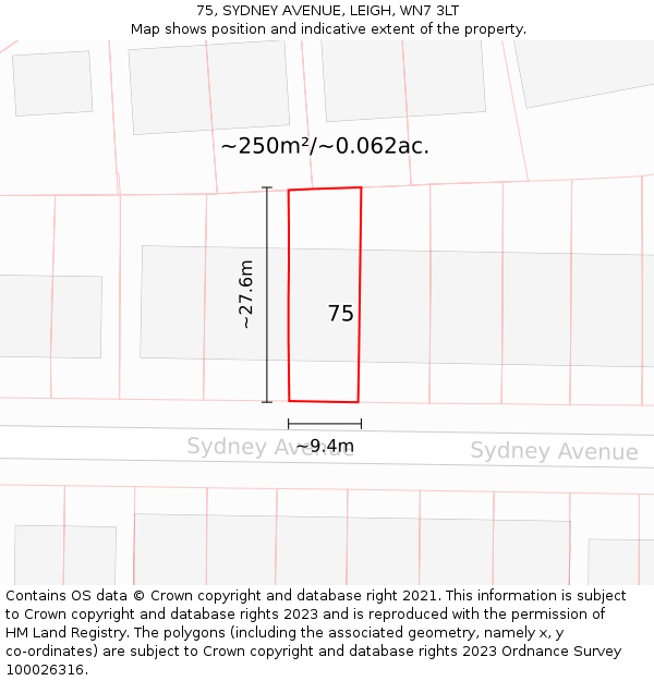 75, SYDNEY AVENUE, LEIGH, WN7 3LT: Plot and title map