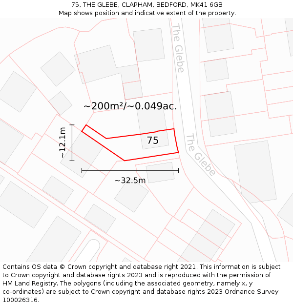 75, THE GLEBE, CLAPHAM, BEDFORD, MK41 6GB: Plot and title map