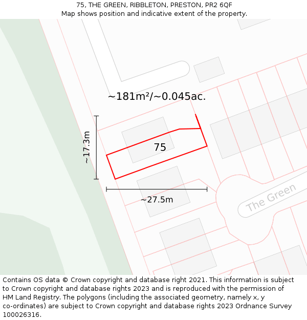 75, THE GREEN, RIBBLETON, PRESTON, PR2 6QF: Plot and title map