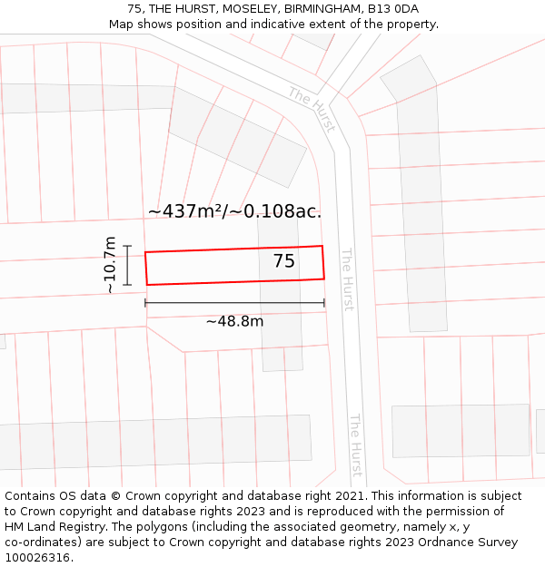 75, THE HURST, MOSELEY, BIRMINGHAM, B13 0DA: Plot and title map