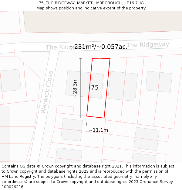 75, THE RIDGEWAY, MARKET HARBOROUGH, LE16 7HG: Plot and title map