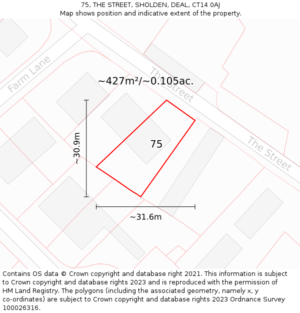 75, THE STREET, SHOLDEN, DEAL, CT14 0AJ: Plot and title map