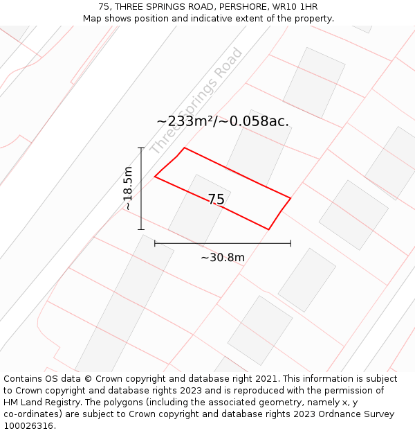 75, THREE SPRINGS ROAD, PERSHORE, WR10 1HR: Plot and title map