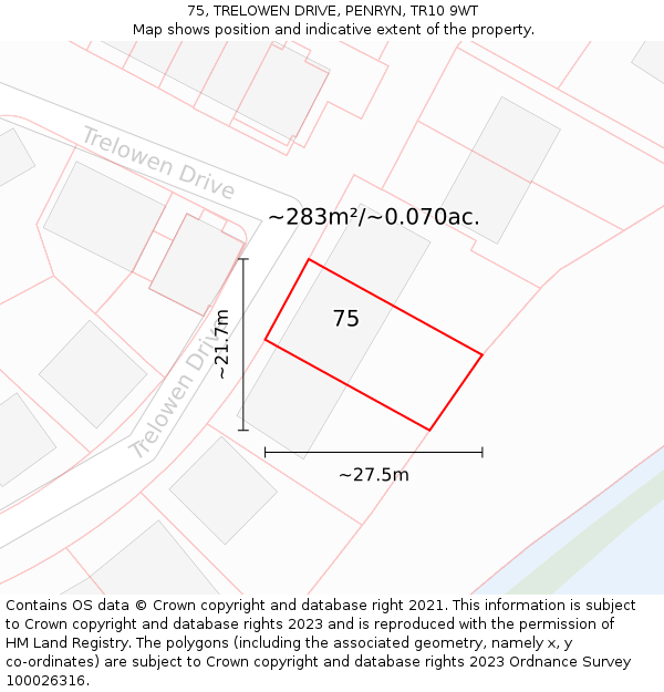 75, TRELOWEN DRIVE, PENRYN, TR10 9WT: Plot and title map