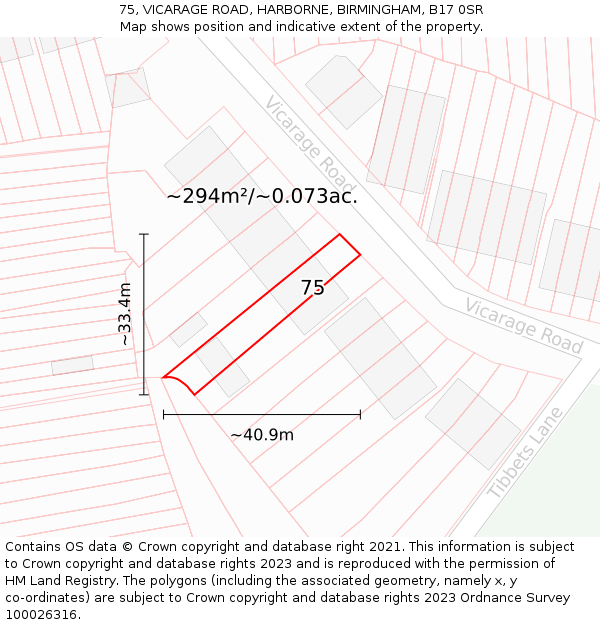 75, VICARAGE ROAD, HARBORNE, BIRMINGHAM, B17 0SR: Plot and title map