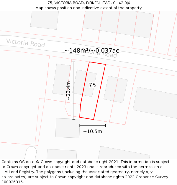 75, VICTORIA ROAD, BIRKENHEAD, CH42 0JX: Plot and title map