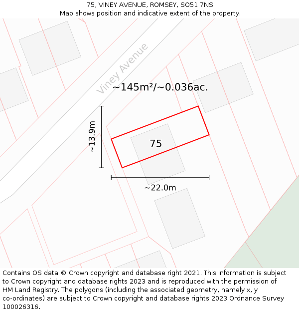 75, VINEY AVENUE, ROMSEY, SO51 7NS: Plot and title map