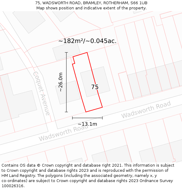 75, WADSWORTH ROAD, BRAMLEY, ROTHERHAM, S66 1UB: Plot and title map