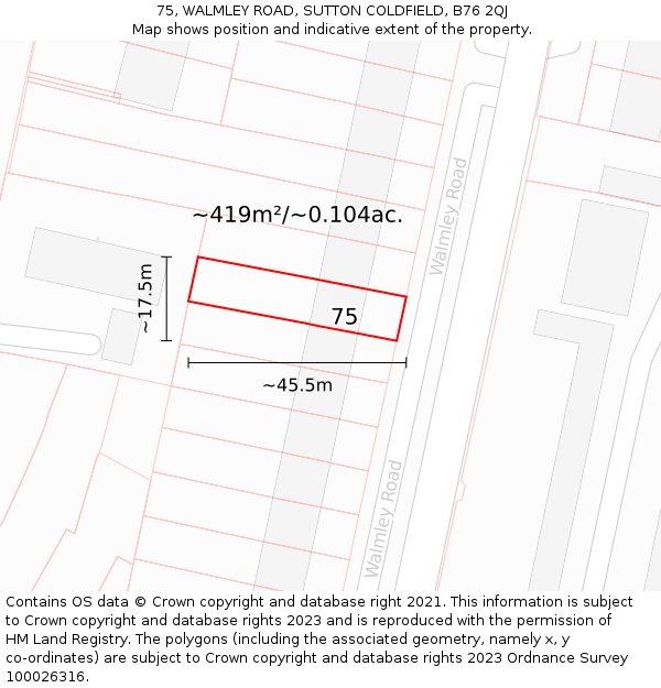 75, WALMLEY ROAD, SUTTON COLDFIELD, B76 2QJ: Plot and title map