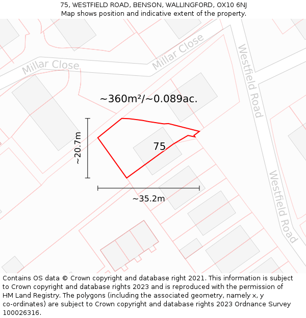 75, WESTFIELD ROAD, BENSON, WALLINGFORD, OX10 6NJ: Plot and title map