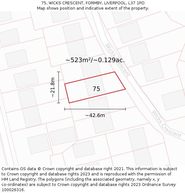 75, WICKS CRESCENT, FORMBY, LIVERPOOL, L37 1PD: Plot and title map