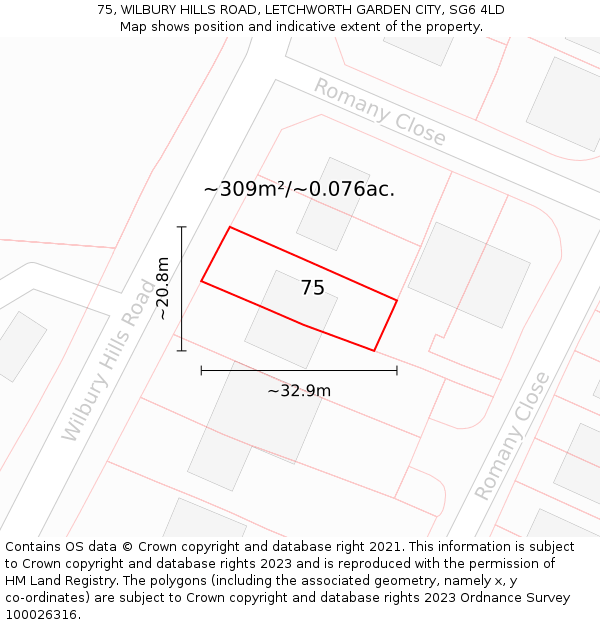 75, WILBURY HILLS ROAD, LETCHWORTH GARDEN CITY, SG6 4LD: Plot and title map