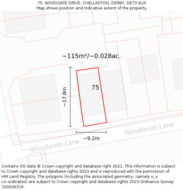 75, WOODGATE DRIVE, CHELLASTON, DERBY, DE73 6UX: Plot and title map