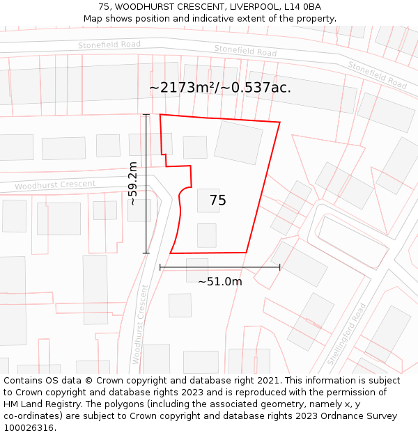 75, WOODHURST CRESCENT, LIVERPOOL, L14 0BA: Plot and title map