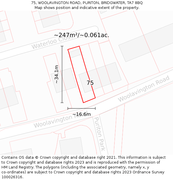 75, WOOLAVINGTON ROAD, PURITON, BRIDGWATER, TA7 8BQ: Plot and title map