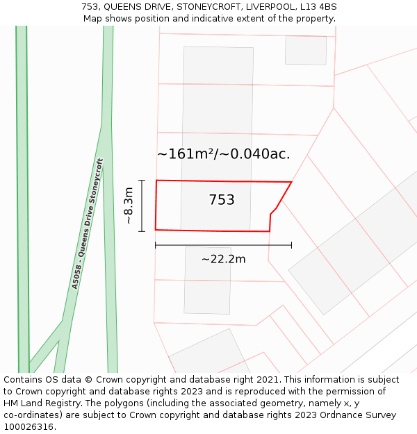 753, QUEENS DRIVE, STONEYCROFT, LIVERPOOL, L13 4BS: Plot and title map