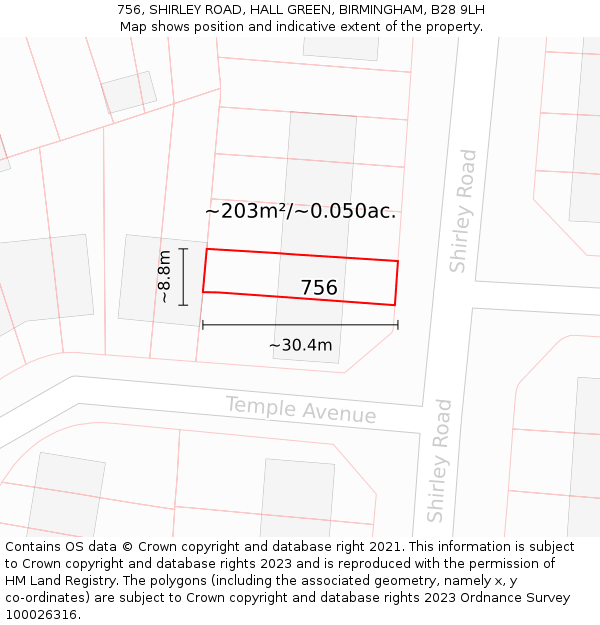 756, SHIRLEY ROAD, HALL GREEN, BIRMINGHAM, B28 9LH: Plot and title map