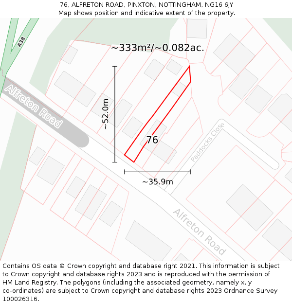 76, ALFRETON ROAD, PINXTON, NOTTINGHAM, NG16 6JY: Plot and title map