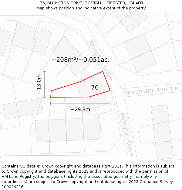 76, ALLINGTON DRIVE, BIRSTALL, LEICESTER, LE4 4FB: Plot and title map