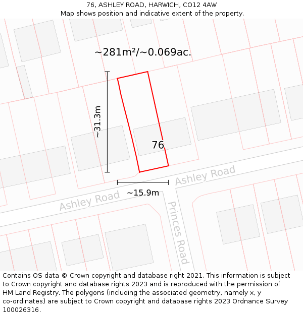 76, ASHLEY ROAD, HARWICH, CO12 4AW: Plot and title map