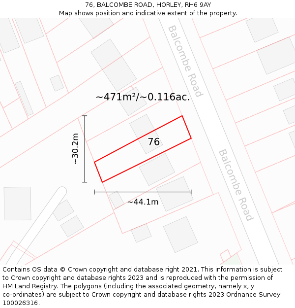 76, BALCOMBE ROAD, HORLEY, RH6 9AY: Plot and title map