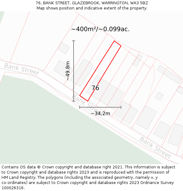 76, BANK STREET, GLAZEBROOK, WARRINGTON, WA3 5BZ: Plot and title map