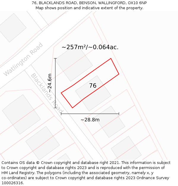 76, BLACKLANDS ROAD, BENSON, WALLINGFORD, OX10 6NP: Plot and title map