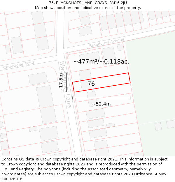 76, BLACKSHOTS LANE, GRAYS, RM16 2JU: Plot and title map