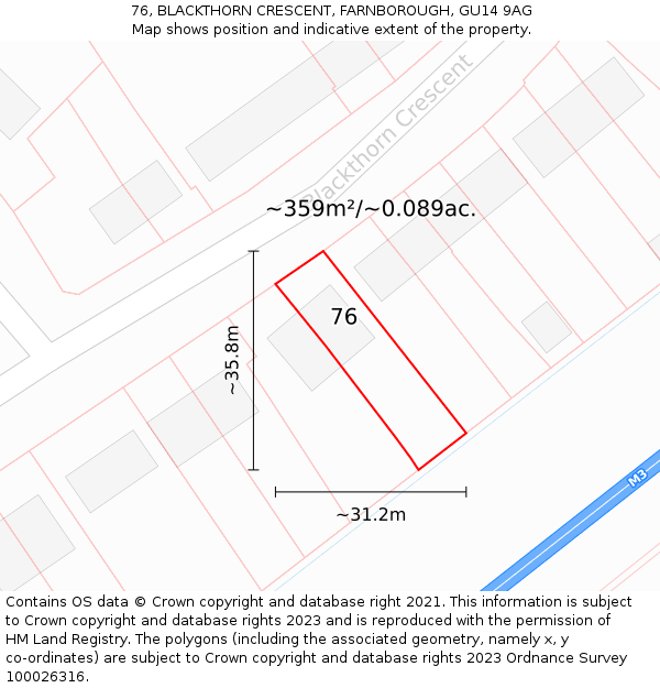 76, BLACKTHORN CRESCENT, FARNBOROUGH, GU14 9AG: Plot and title map