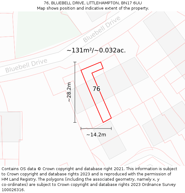 76, BLUEBELL DRIVE, LITTLEHAMPTON, BN17 6UU: Plot and title map