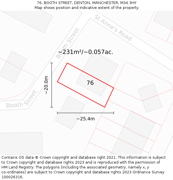 76, BOOTH STREET, DENTON, MANCHESTER, M34 3HY: Plot and title map