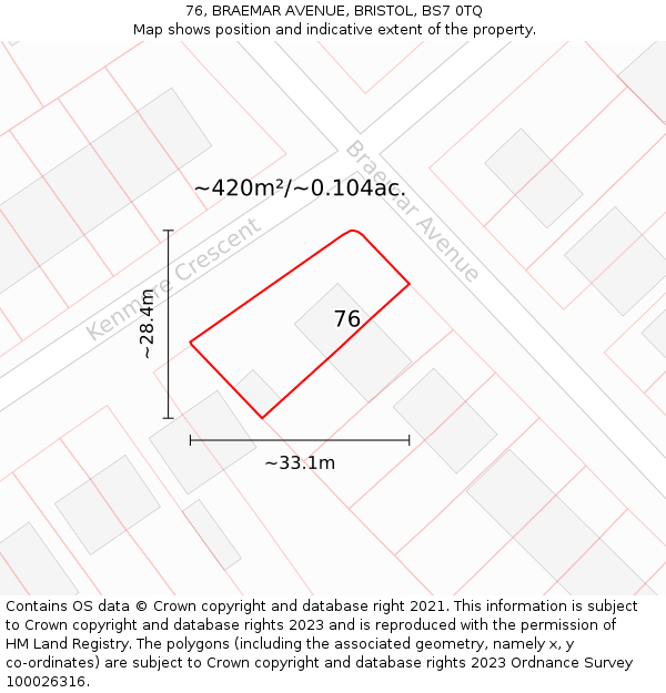 76, BRAEMAR AVENUE, BRISTOL, BS7 0TQ: Plot and title map