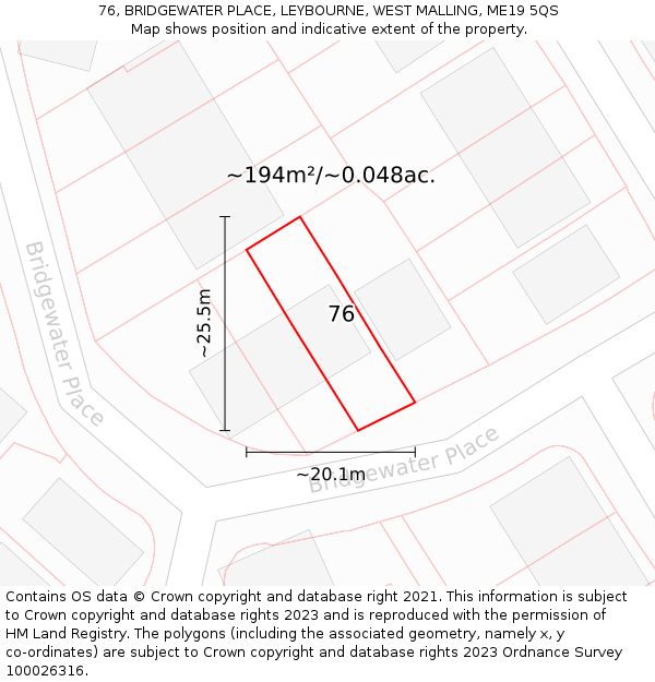 76, BRIDGEWATER PLACE, LEYBOURNE, WEST MALLING, ME19 5QS: Plot and title map