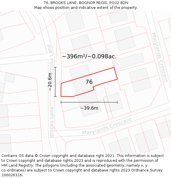 76, BROOKS LANE, BOGNOR REGIS, PO22 8DN: Plot and title map