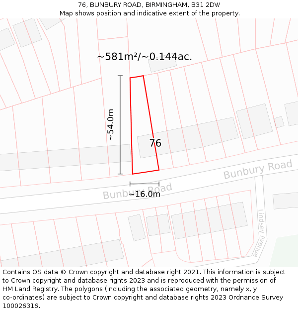 76, BUNBURY ROAD, BIRMINGHAM, B31 2DW: Plot and title map