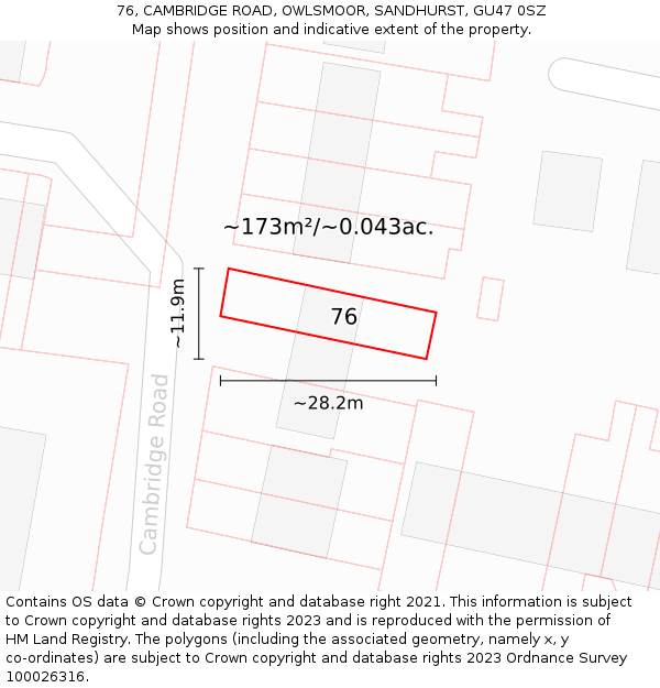 76, CAMBRIDGE ROAD, OWLSMOOR, SANDHURST, GU47 0SZ: Plot and title map