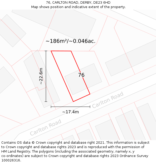 76, CARLTON ROAD, DERBY, DE23 6HD: Plot and title map