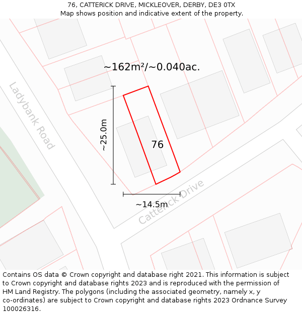 76, CATTERICK DRIVE, MICKLEOVER, DERBY, DE3 0TX: Plot and title map