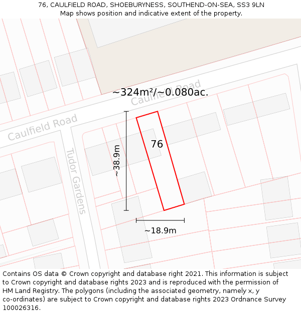 76, CAULFIELD ROAD, SHOEBURYNESS, SOUTHEND-ON-SEA, SS3 9LN: Plot and title map